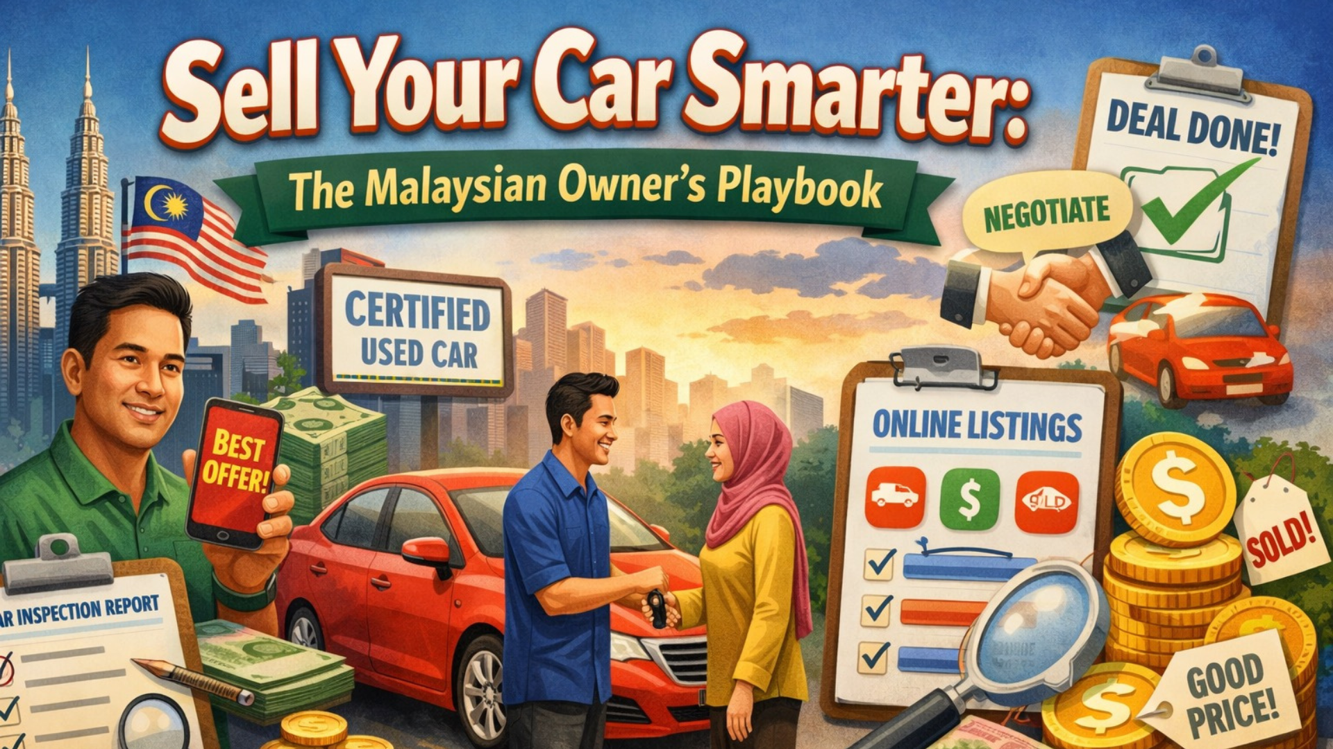 Ilustrasi sepanduk menunjukkan seorang lelaki dan wanita Malaysia berjabat tangan di hadapan kereta merah, dengan latar langit Kuala Lumpur dan bendera Malaysia. Grafik sekeliling termasuk “Kereta Terpakai Disahkan,” “Iklan Dalam Talian,” laporan pemeriksaan pada papan klip, wang tunai, syiling emas, kaca pembesar, serta tag “Tawaran Terbaik,” “Harga Baik,” dan “Terjual,” di bawah tajuk “Jual Kereta Anda Dengan Lebih Bijak: Panduan Pemilik Malaysia.”