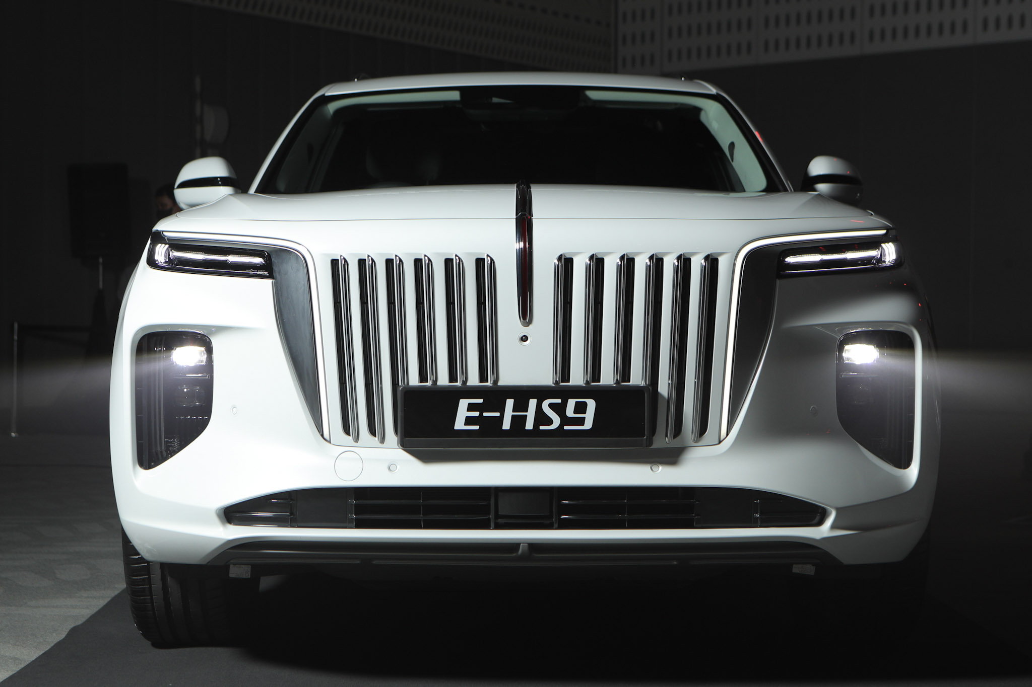 HONGQI iconic waterfall-style vertical chrome grille and the unique “Red Flag” emblem
