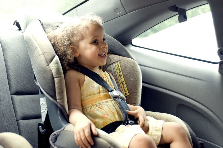 Young Cute Female Child In Back Seat Car Set child seat