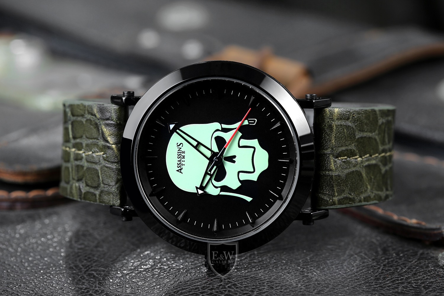 Assassins Time Skull Fighter Men Fashion Design Luminous Watch Jam Tangan Lelaki Kulit Bercahaya Pejuang Tengkorak At S0013a