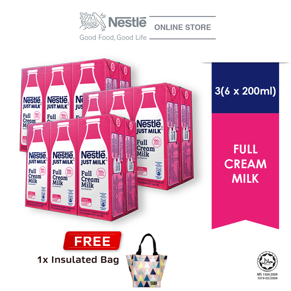 Nestle Just Milk Full Cream UHT 6x200ml cluster Buy 3 Free Insulated