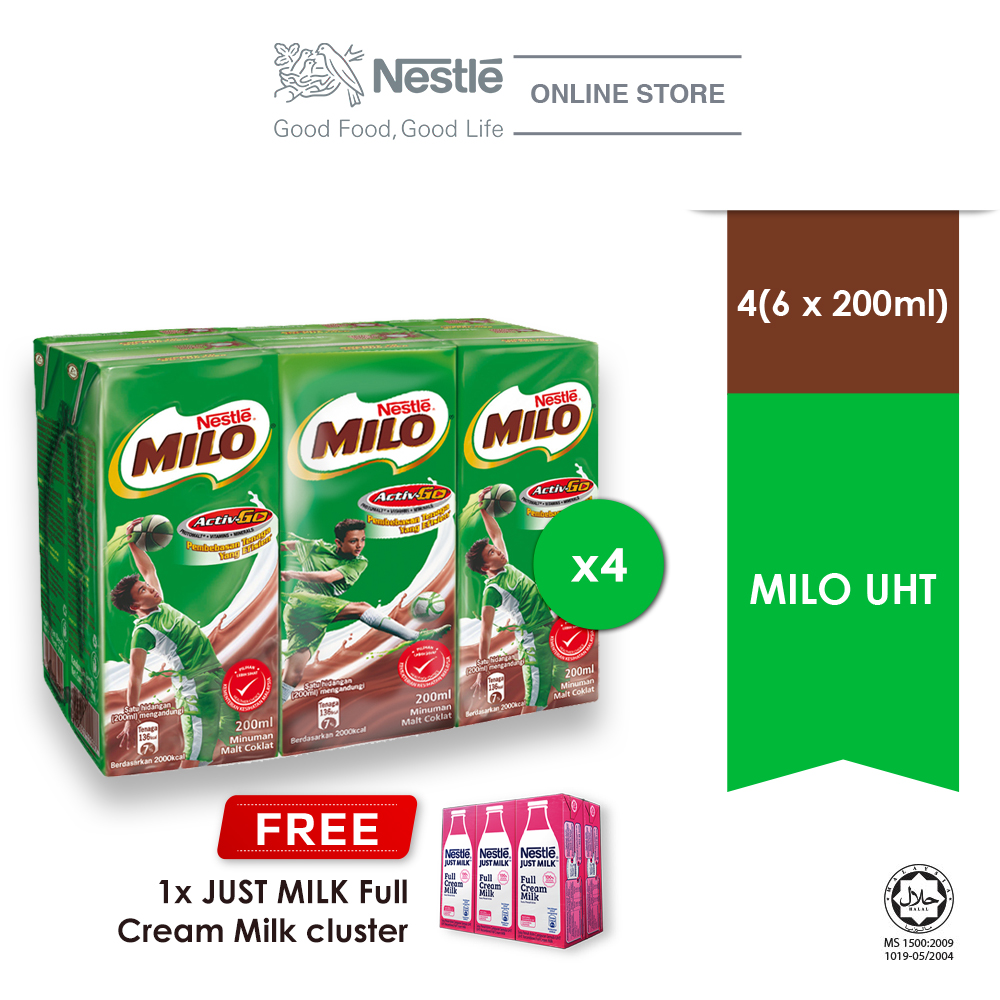 Nestle Milo ActiveGo UHT 6x200ml, Buy 4 Free 1 Cluster JUST MILK Full
