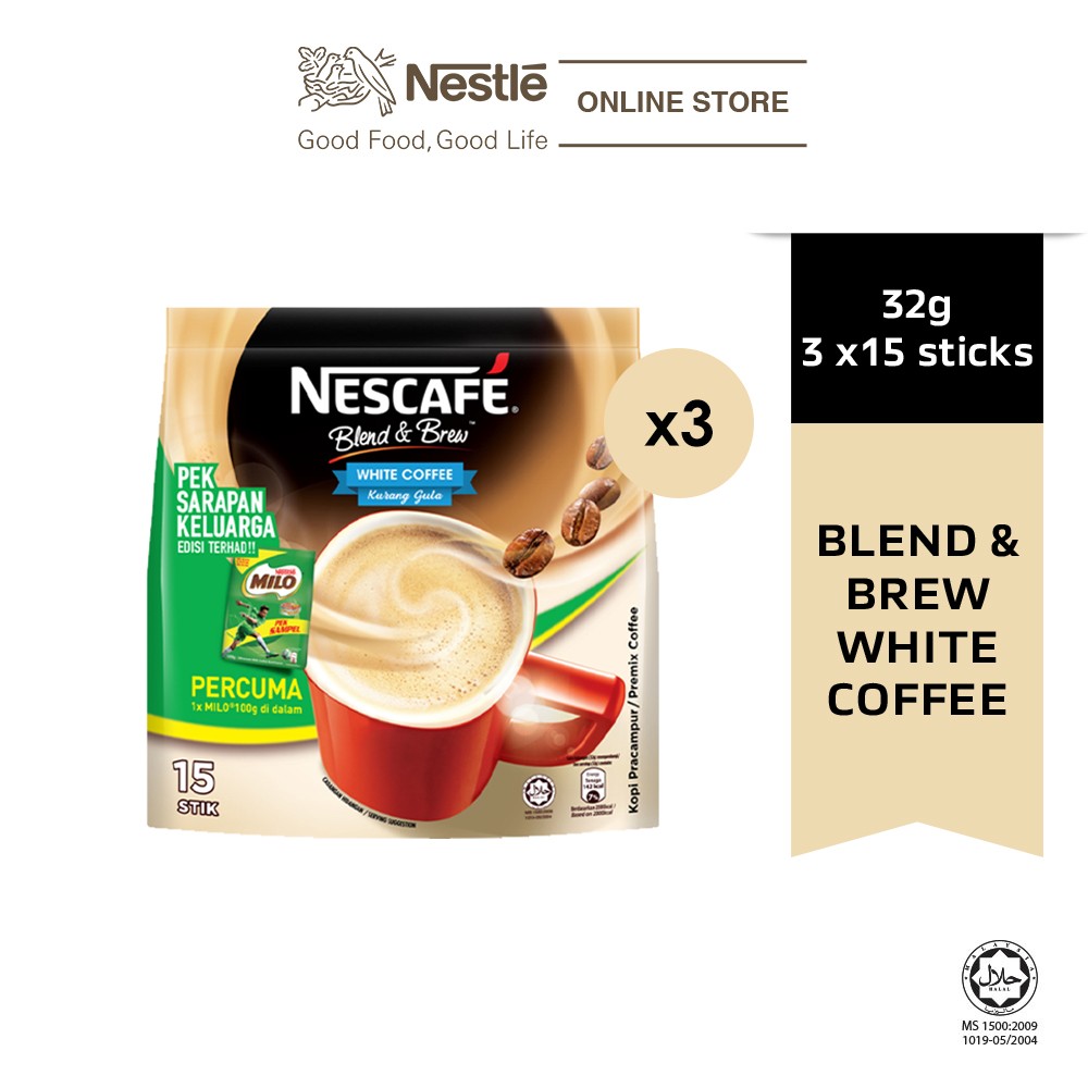 NESCAFE Blend and Brew White Coffee 15x32g, Free Milo Softpack 100g