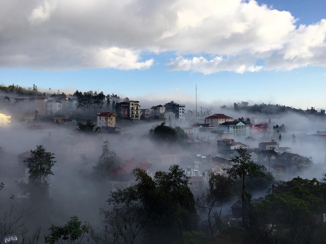 Sapa town immersed in sea fog.