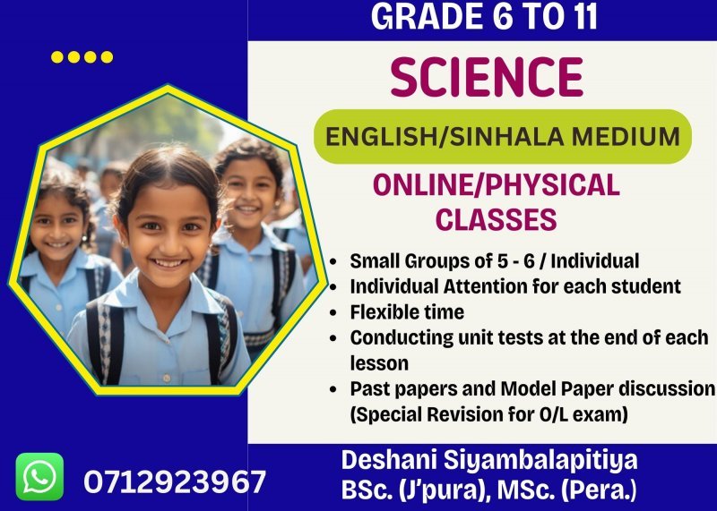 Science Classes for grade 6 - 11  in English and Sinhala Medium - Online/Physical