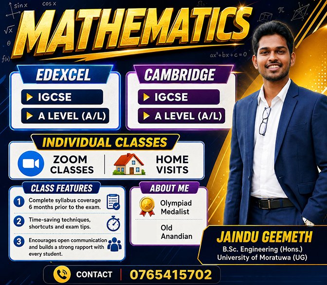 Cambridge IGCSE / Cambridge A/L / Edexel IGCSE / Edexel  A/L / Mathematics / Maths English medium