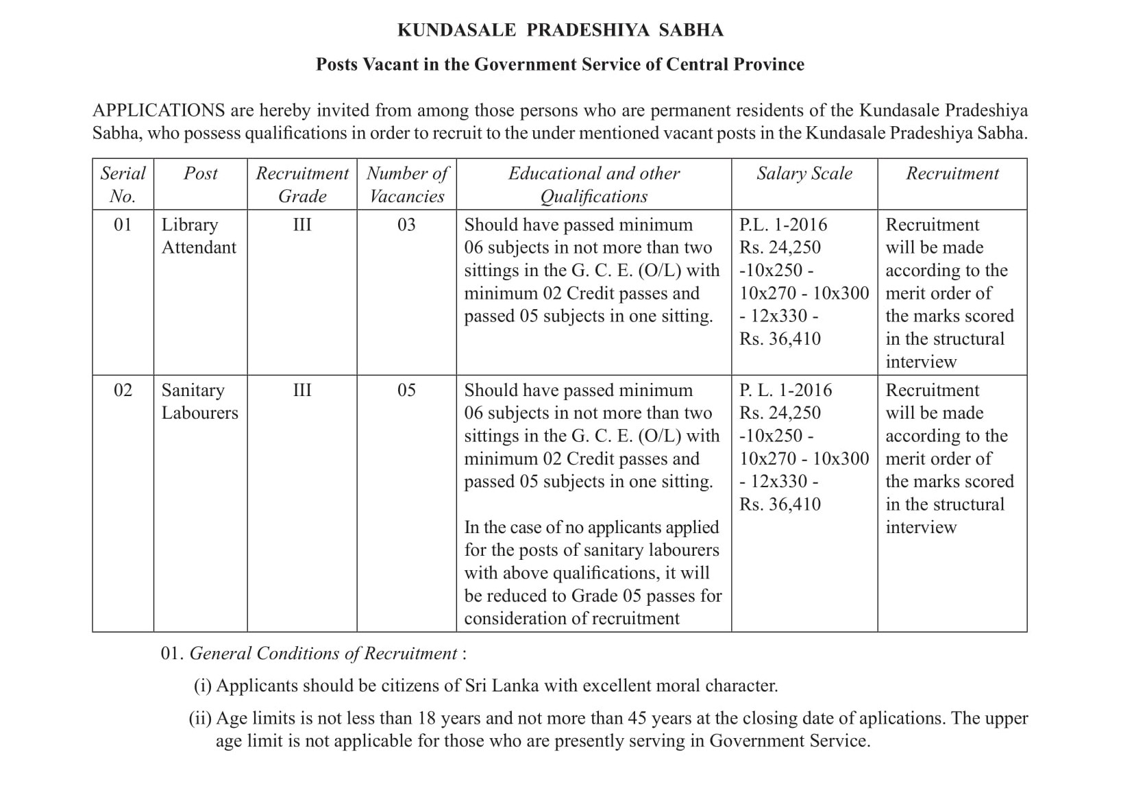 Library Attendant, Sanitary Labourer - Kundasale Pradeshiya Sabha