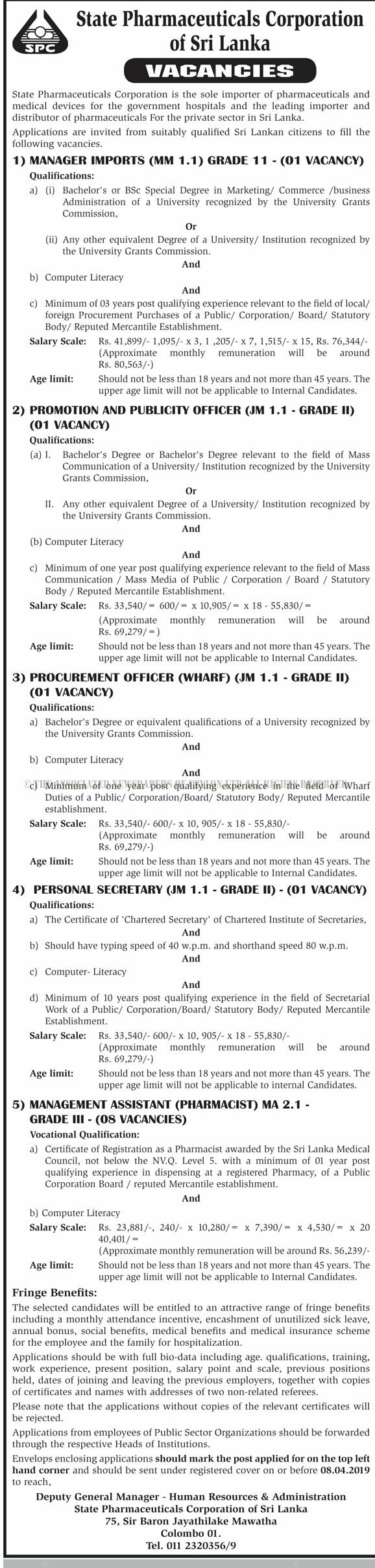 Management Assistant (Pharmacist), Personal Secretary, Manager (Imports), Promotion & Publicity Officer, Procurement Officer (Wharf) - State Pharmaceuticals Corporation