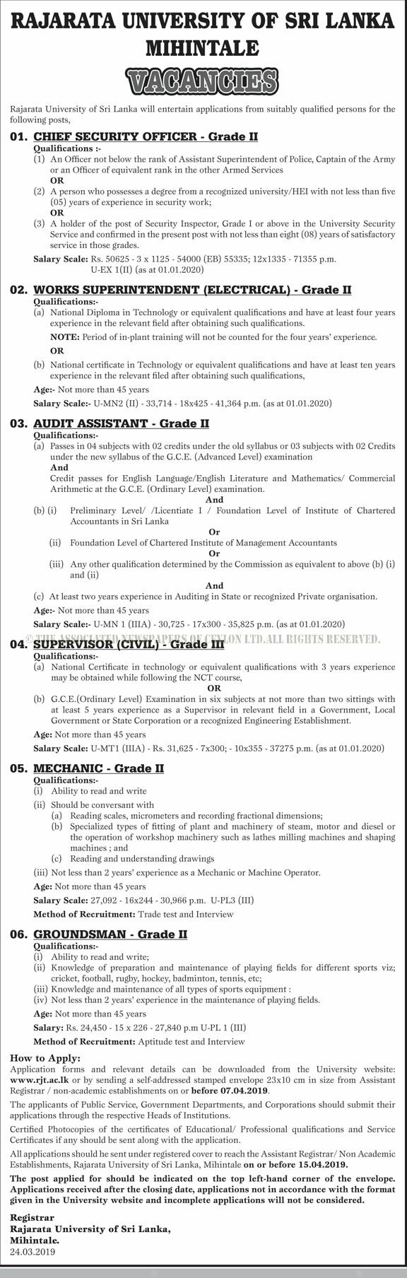 Chief Security Officer, Works Superintendent (Electrical), Audit Assistant, Supervisor (Civil), Mechanic, Groundsman - Rajarata University of Sri Lanka