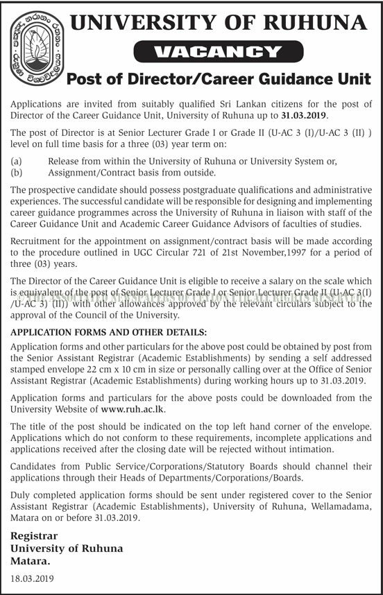 Director (Career Guidance Unit) - University of Ruhuna