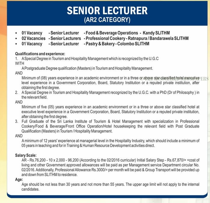 Senior Lecturer, Assistant Lecturer - Sri Lanka Institute of Tourism & Hotel Management