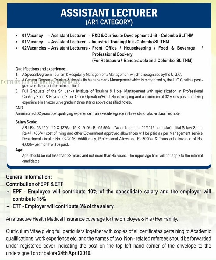 Senior Lecturer, Assistant Lecturer - Sri Lanka Institute of Tourism & Hotel Management