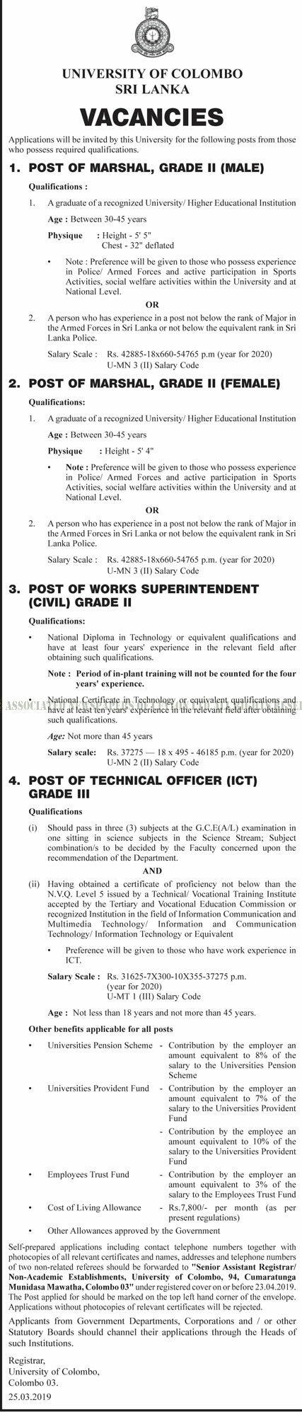 Marshal (Male, Female), Works Superintendent, Technical Officer (ICT) - University of Colombo