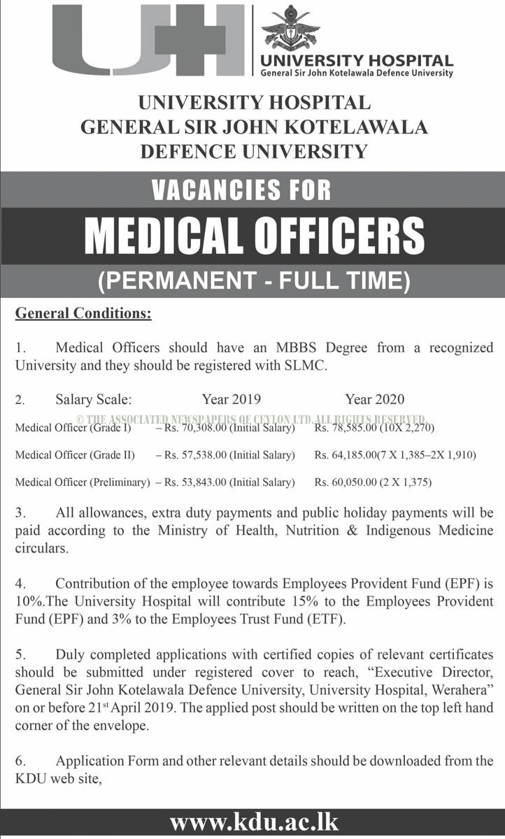 Medical Officer - General Sri John Kothalawala Defence University