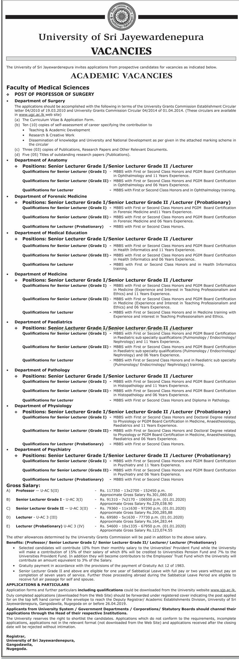 Professor, Senior Lecturer, Lecturer, Lecturer (Probationary) - University of Sri Jayewardenepura