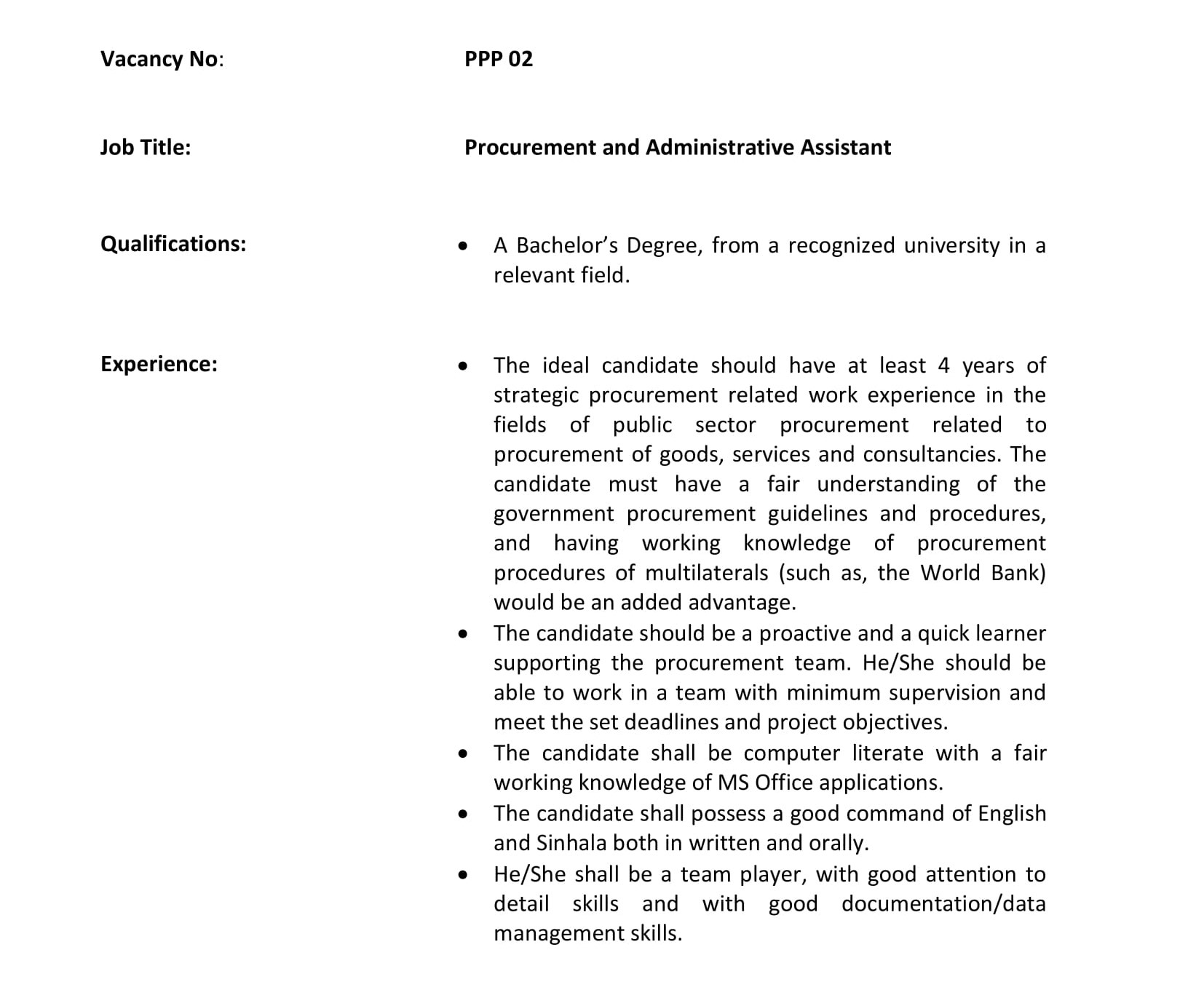 Procurement & Administrative Specialist, Procurement & Administrative Assistant - Ministry of Finance