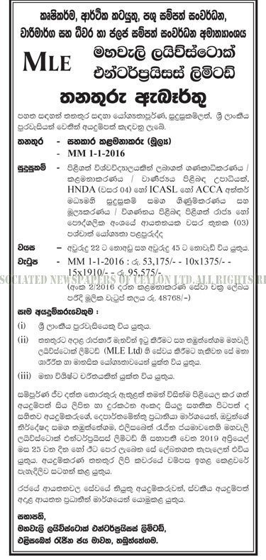  Assistant Manager (Finance) - Mahaweli Livestock Enterprises Ltd