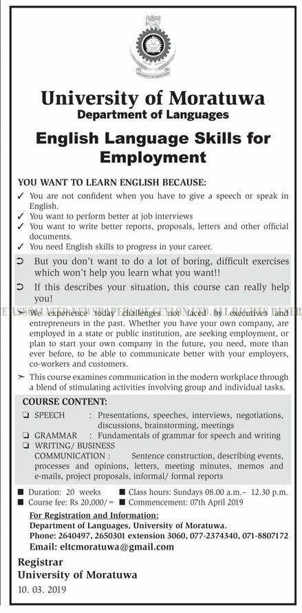 English Language Skills for Employment - Department of Languages - University of Moratuwa 