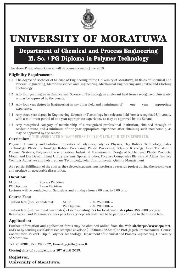 M. Sc. / PG Diploma in Polymer Technology - Department of Chemical and Process Engineering - University of Moratuwa