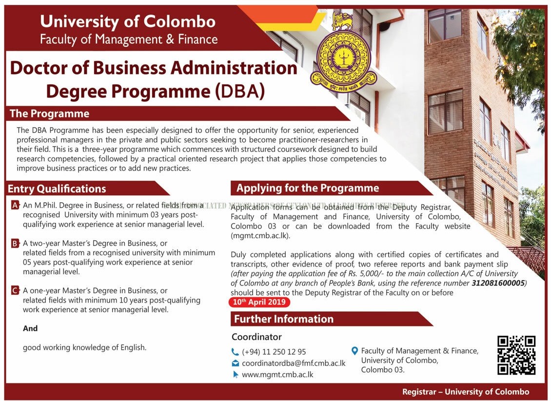 Doctor of Business Administration Degree Programme (DBA) - Faculty of Management & Finance - University of Colombo