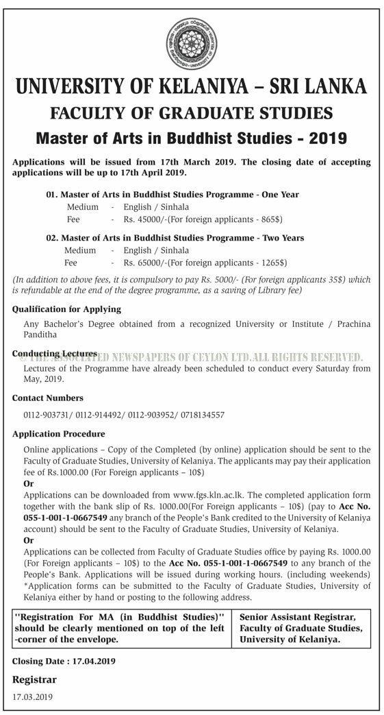 Master of Arts in Buddhist Studies - Faculty of Graduate Studies - University of Kelaniya