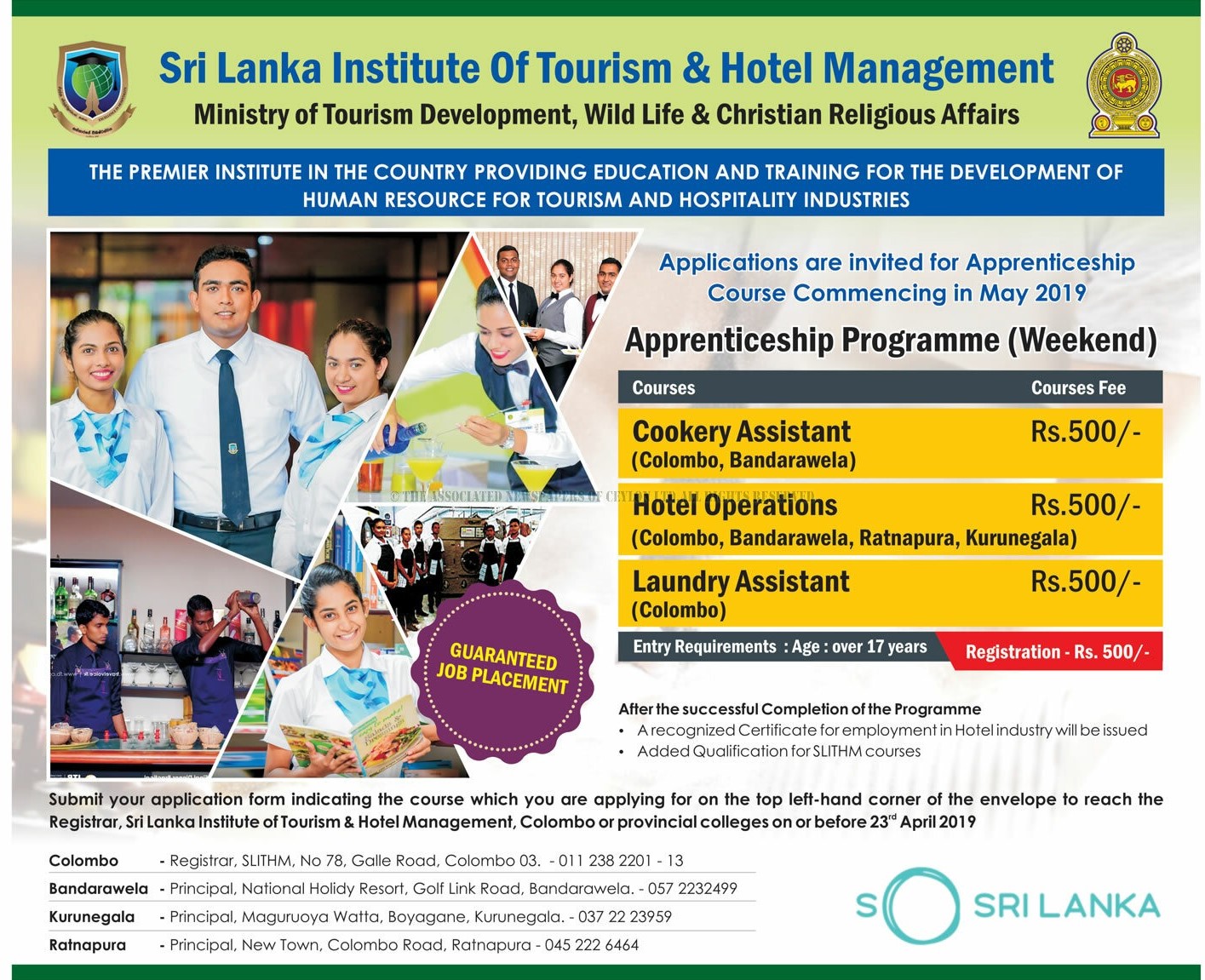 Cookery Assistant, Hotel Operations, Laundry Assistant  - Sri Lanka Institute of Tourism & Hotel Management