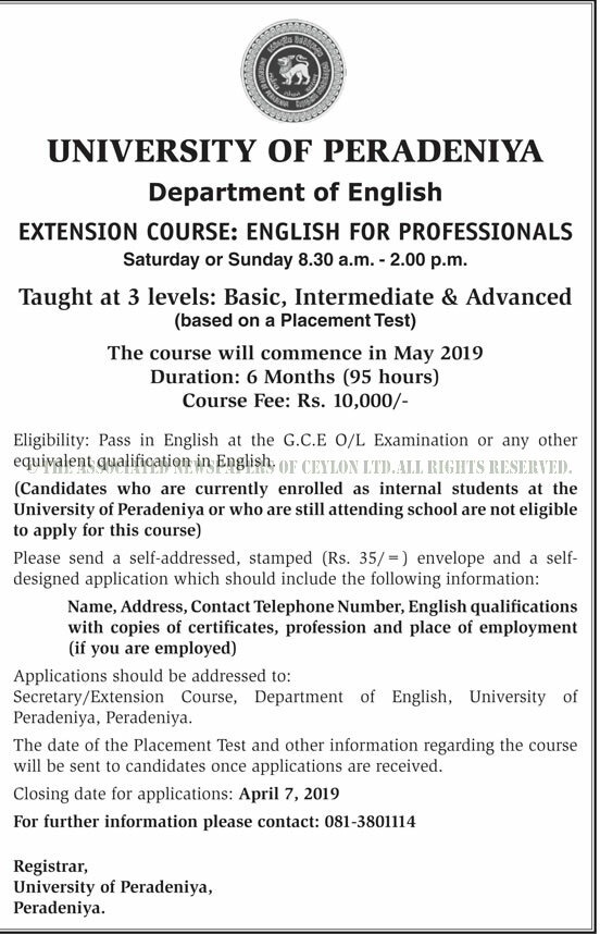 English for Professionals - Department of English - University of Peradeniya