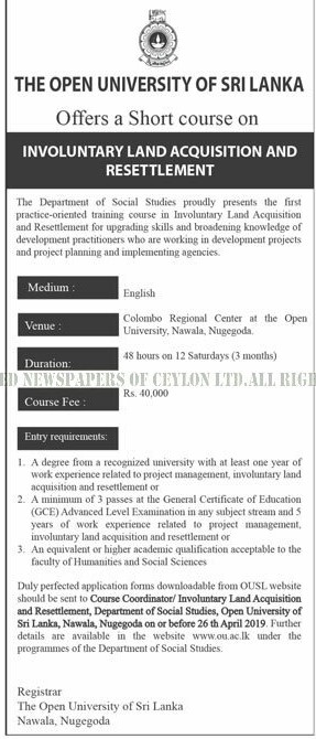 A Short Course on Involuntary Land Acquisition & Resettlement - The Open University of Sri Lanka