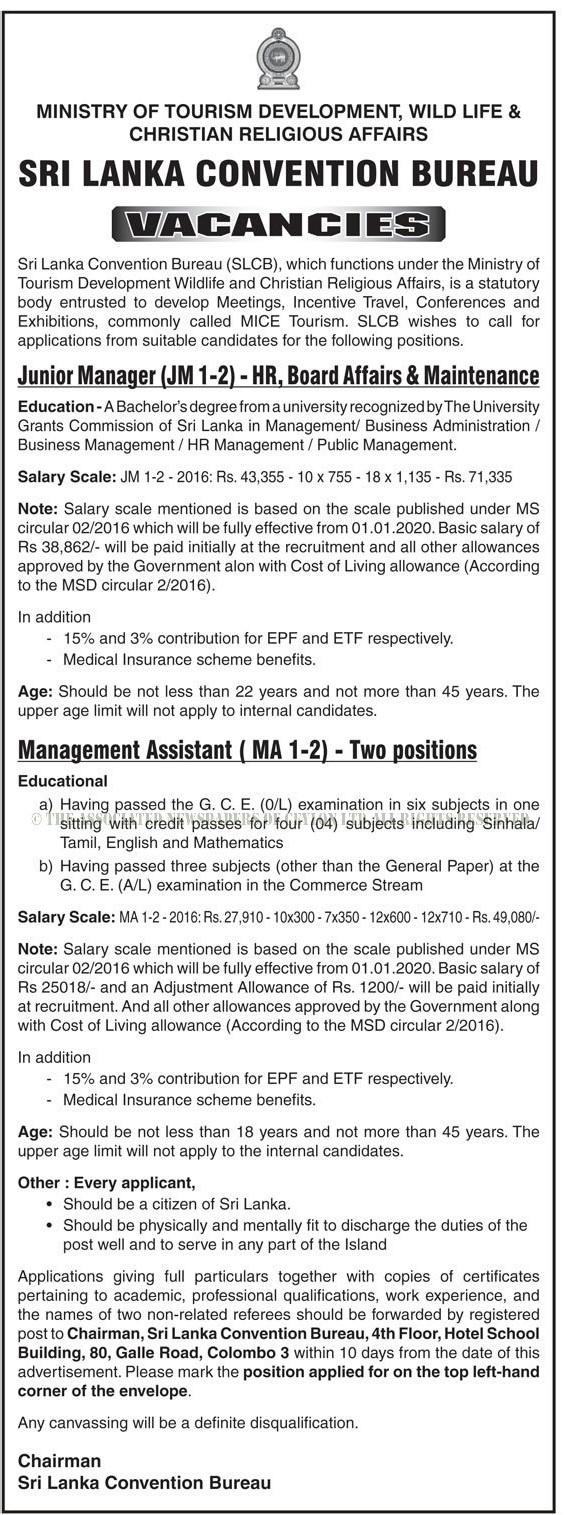 Management Assistant, Junior Manager - Sri Lanka Convention Bureau