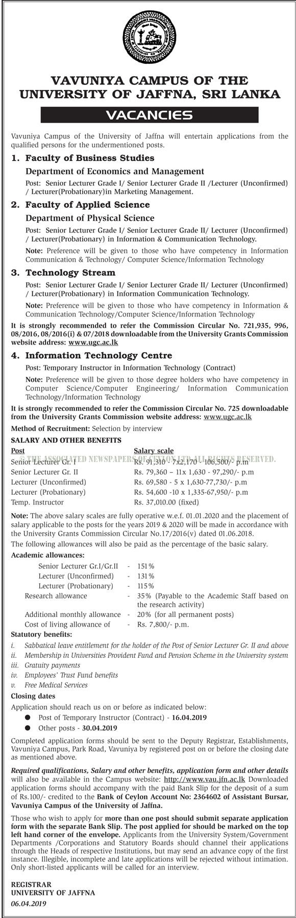 Senior Lecturer, Lecturer, Temporary Instructor - University of Jaffna