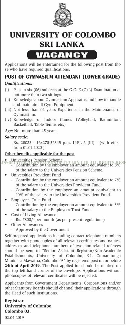 Gymnasium Attendant - University of Colombo 