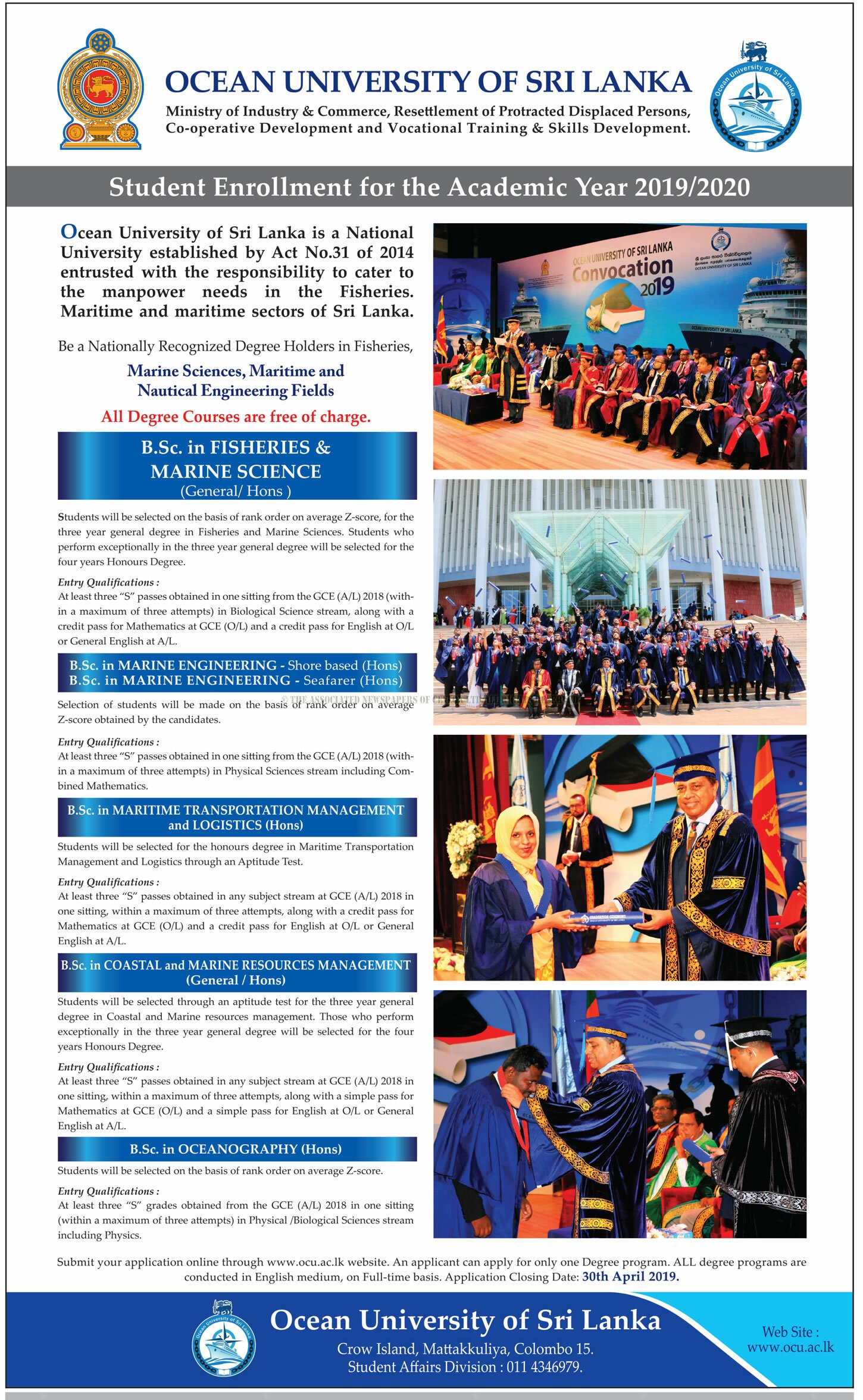 Student Enrollment for the Academic Year 2019/2020 - Ocean University of Sri Lanka