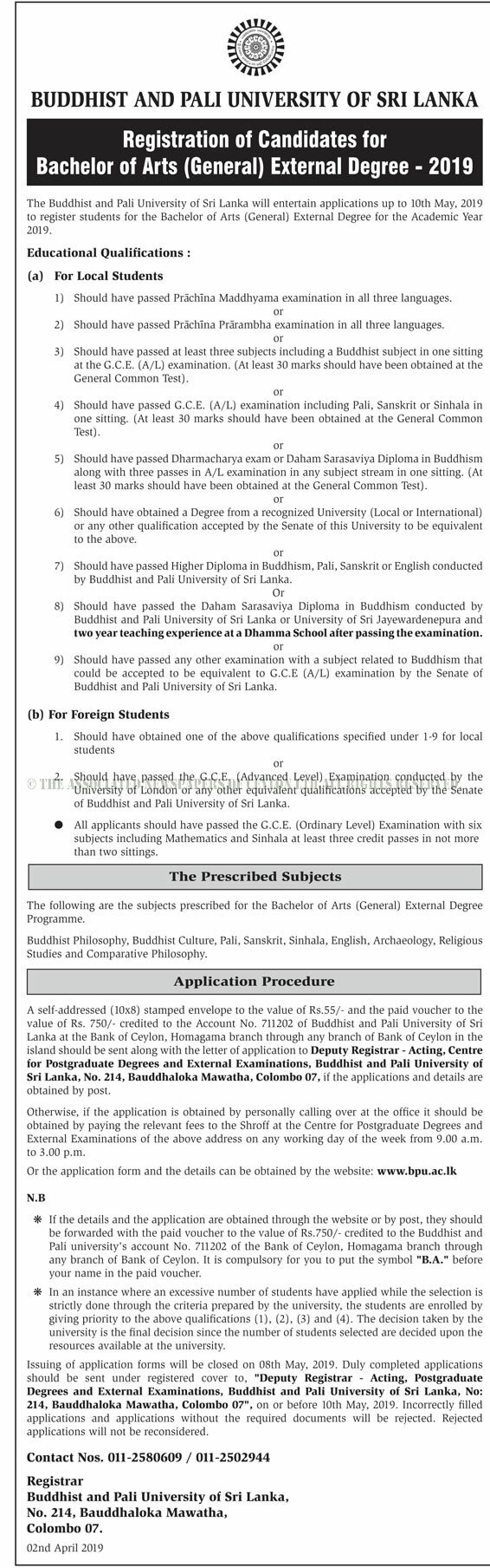 Registration of Candidates for Bachelor of Arts (General) External Degree - Buddhist & Pali University of Sri Lanka