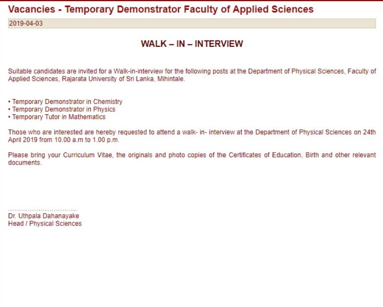 Temporary Demonstrator - Rajarata University of Sri Lanka