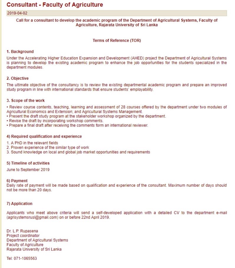 Consultant - Rajarata University of Sri Lanka