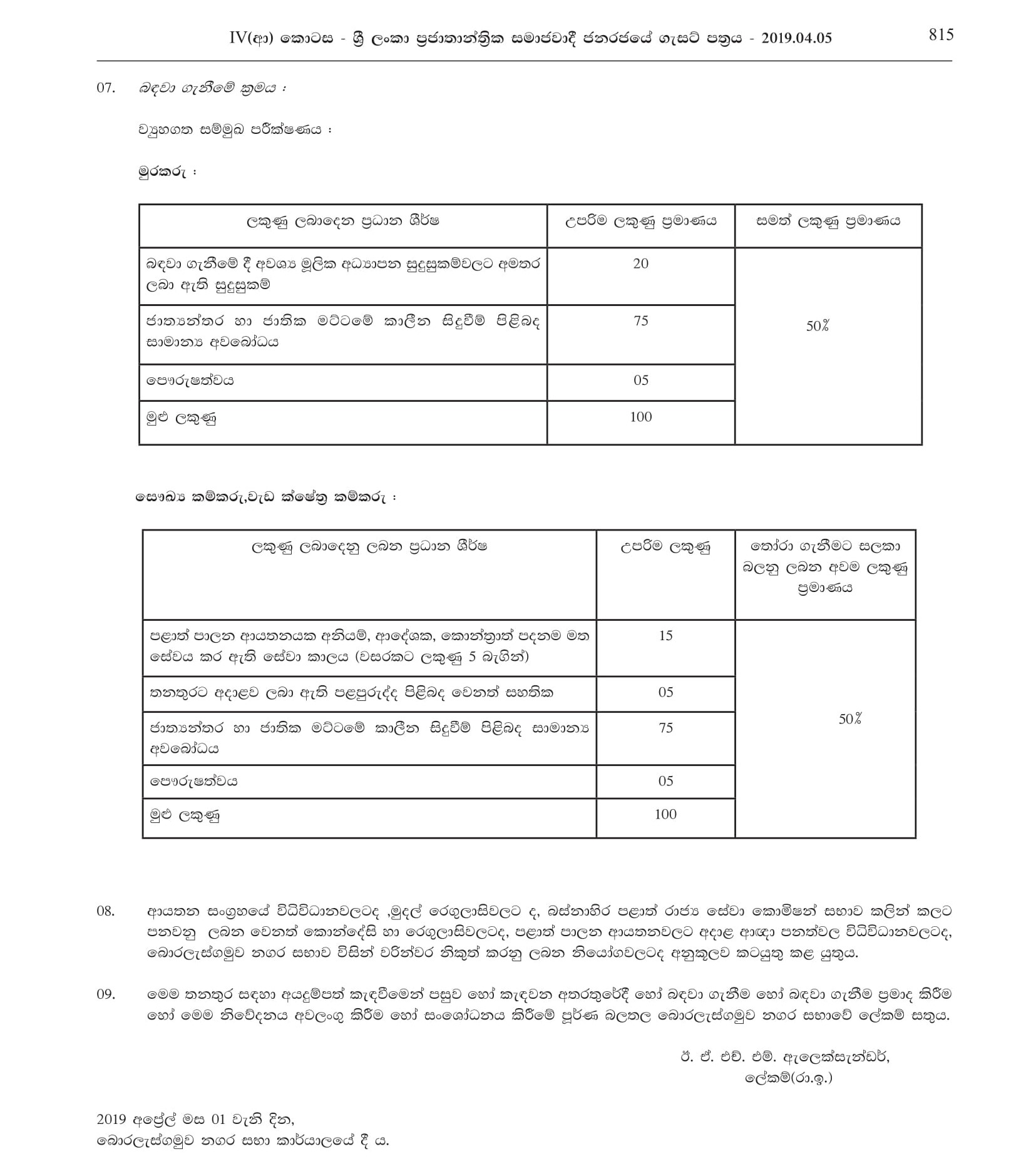 Watcher, Health Labourer, Work Field Labourer - Boralesgamuwa Urban Council