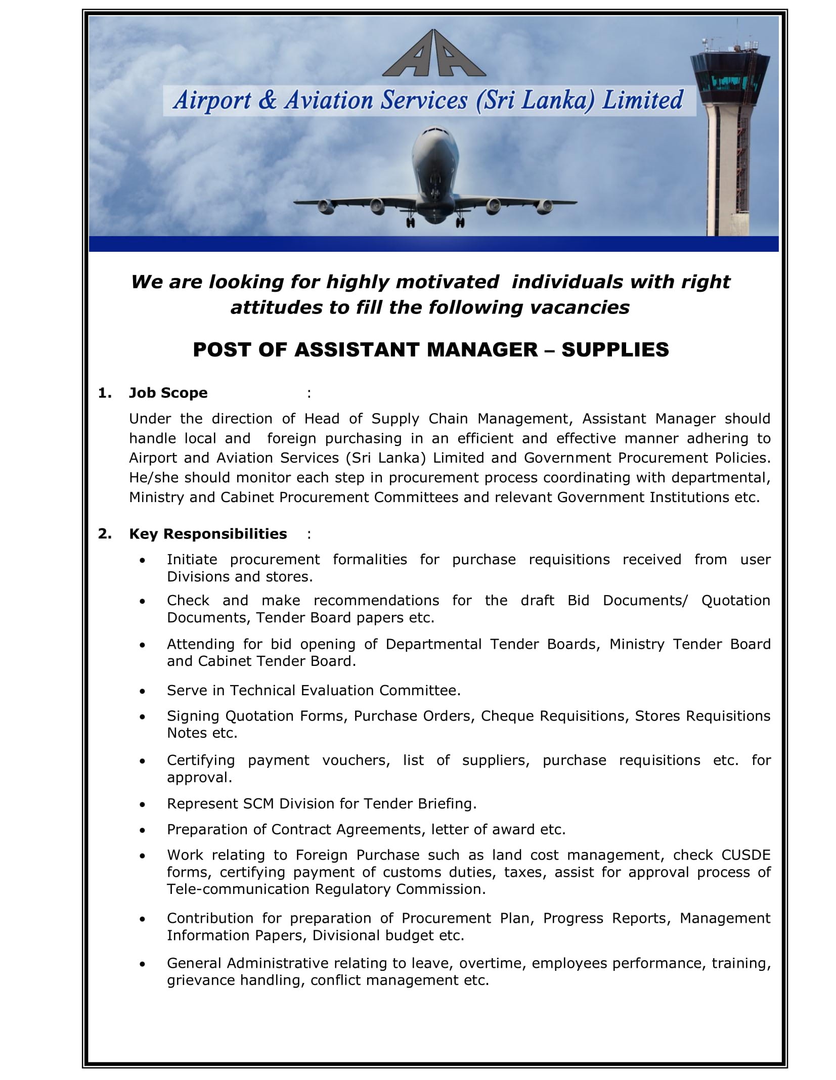 Assistant Manager (Supplies), Trainee Safety Inspector - Airport & Aviation Services (Sri Lanka) Ltd