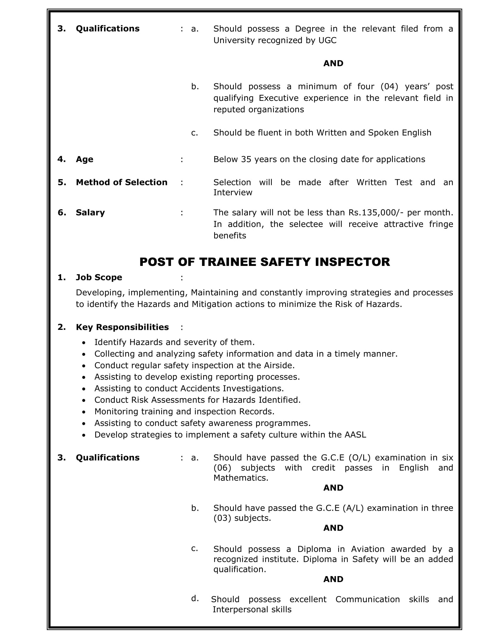 Assistant Manager (Supplies), Trainee Safety Inspector - Airport & Aviation Services (Sri Lanka) Ltd