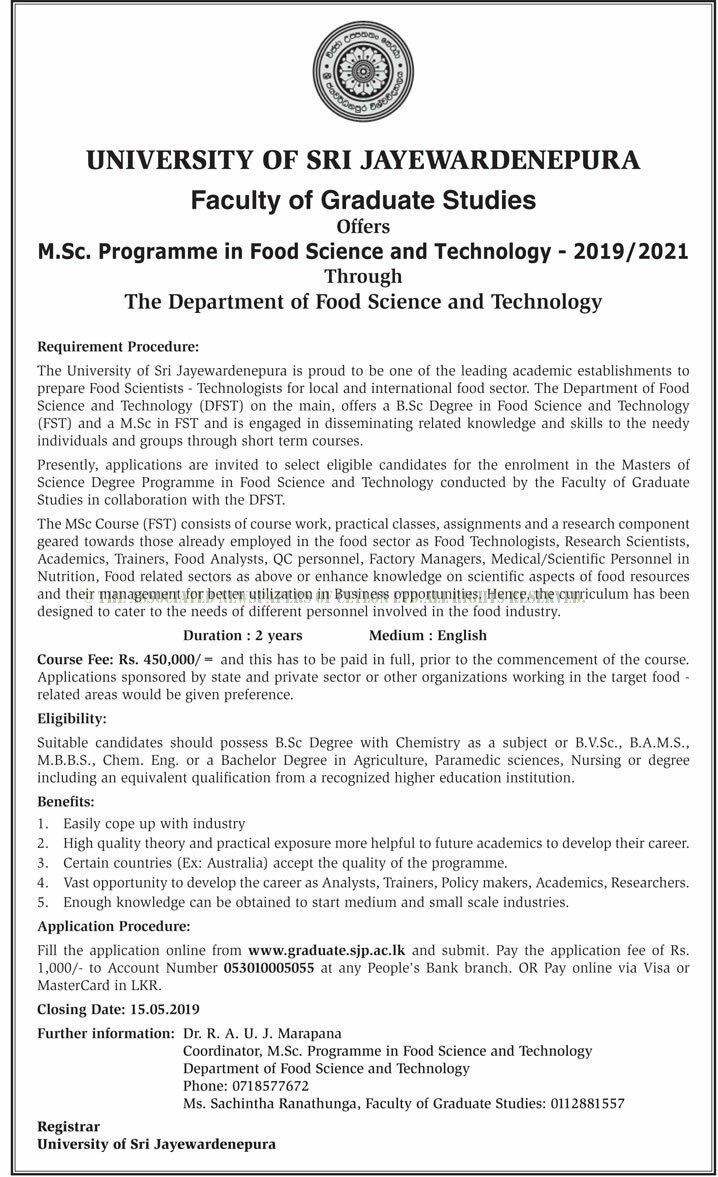 M.Sc. Programme in Food Science & Technology (2019/2021) - Faculty of Graduate Studies - University of Sri Jayewardenepura