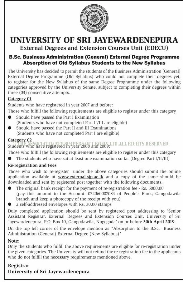 M.Sc. Business Administration (General) External Degree Programme - University of Sri Jayewardenepura