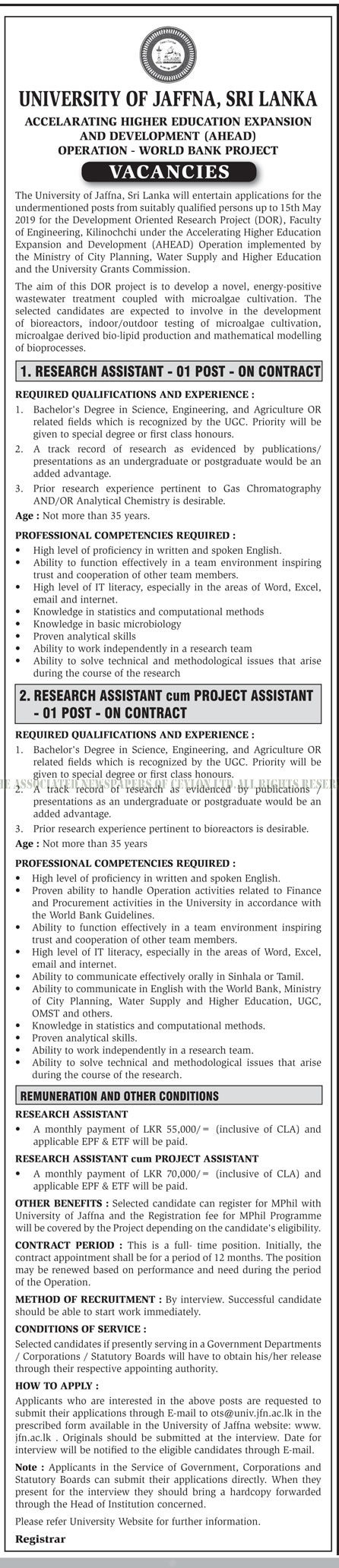 Research Assistant, Project Assistant - University of Jaffna