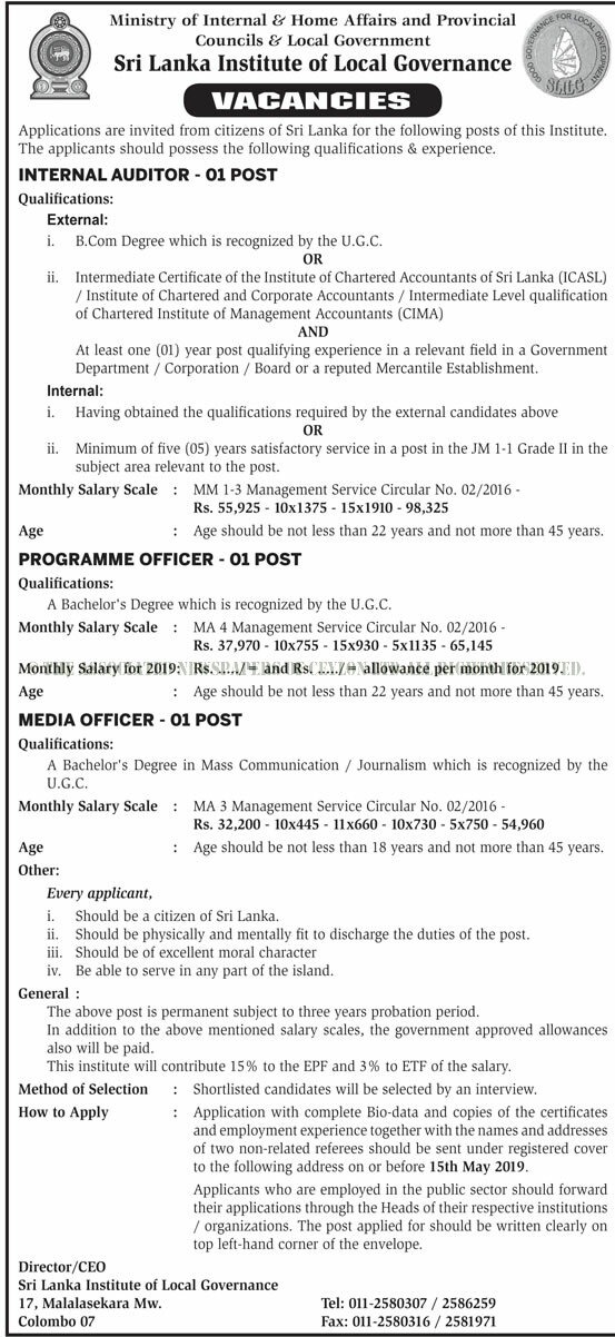 Internal Auditor, Programme Officer, Media Officer - Sri Lanka Institute of Local Governance