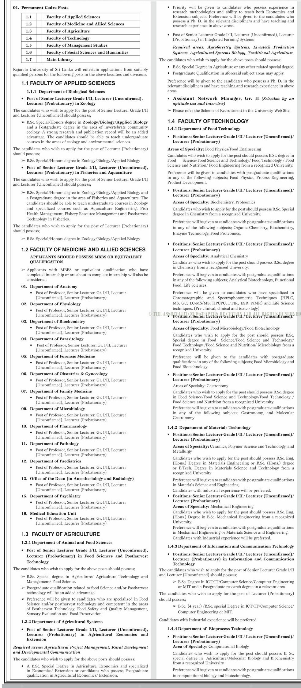 Assistant Librarian, Professor, Senior Lecturer, Lecturer, Instructor, Assistant Network Manager - Rajarata University of Sri Lanka