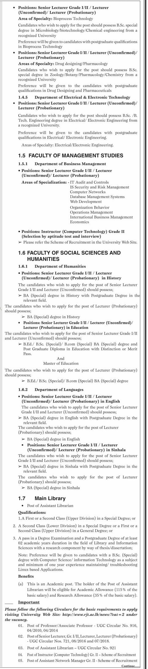 Assistant Librarian, Professor, Senior Lecturer, Lecturer, Instructor, Assistant Network Manager - Rajarata University of Sri Lanka