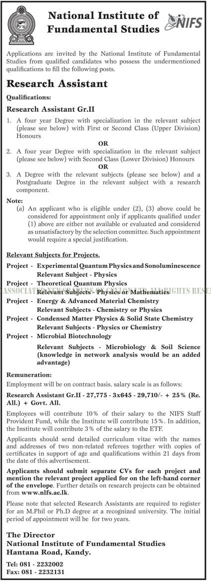 Research Assistant - National Institute of Fundamental Studies