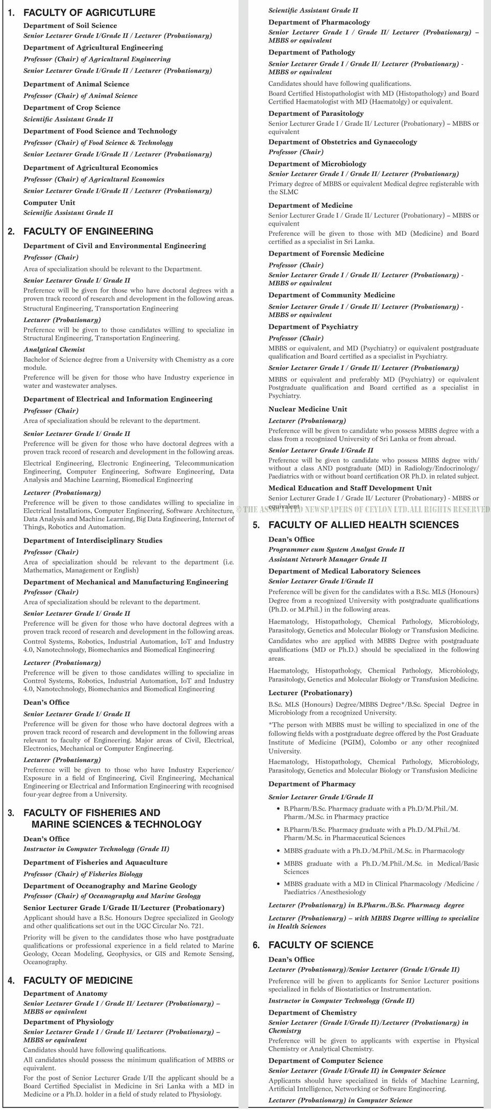 Professor, Senior Lecturer, Lecturer, Scientific Assistant, Analytical Chemist, Programmer/System Analyst, Assistant Librarian, Career Guidance Counsellor & More Vacancies - University of Ruhuna