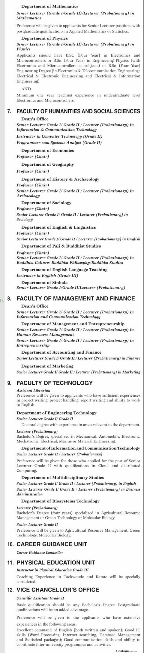 Professor, Senior Lecturer, Lecturer, Scientific Assistant, Analytical Chemist, Programmer/System Analyst, Assistant Librarian, Career Guidance Counsellor & More Vacancies - University of Ruhuna