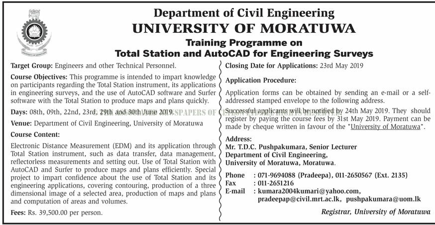 Training Programme on Total Station & AutoCAD for Engineering Surveys - University of Moratuwa 