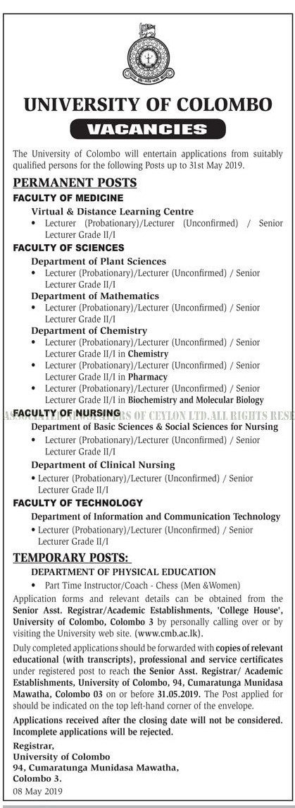 Senior Lecturer, Lecturer - University of Colombo