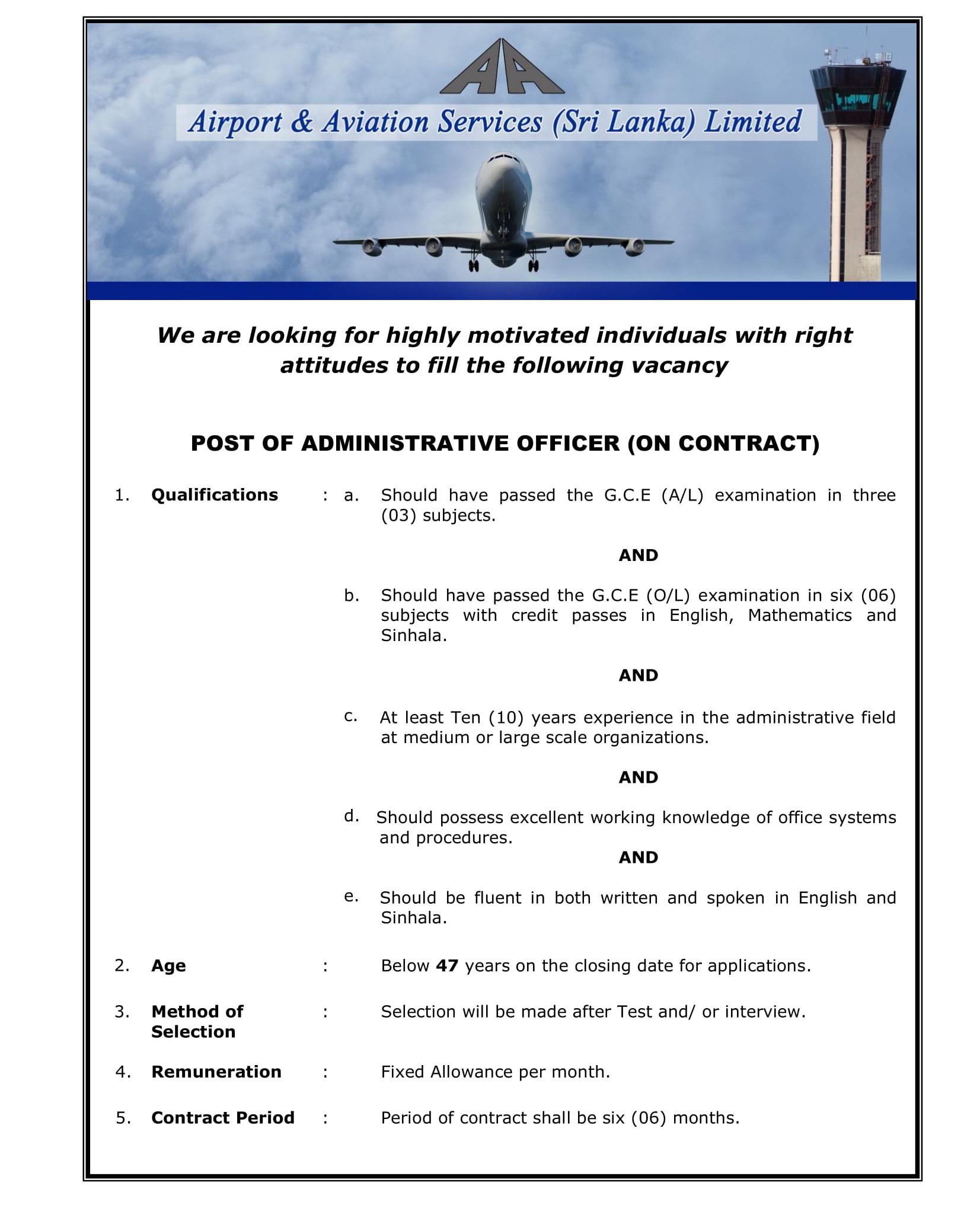 Administrative Officer, Supervisor - Airport & Aviation Services (Sri Lanka) Limited